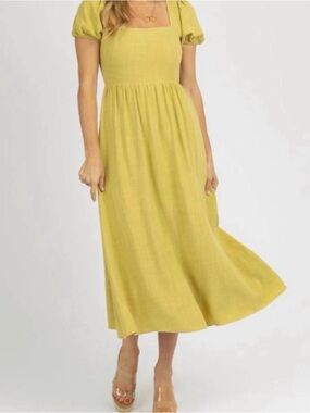 Puff-Sleeve Midi Dress with Square Neck